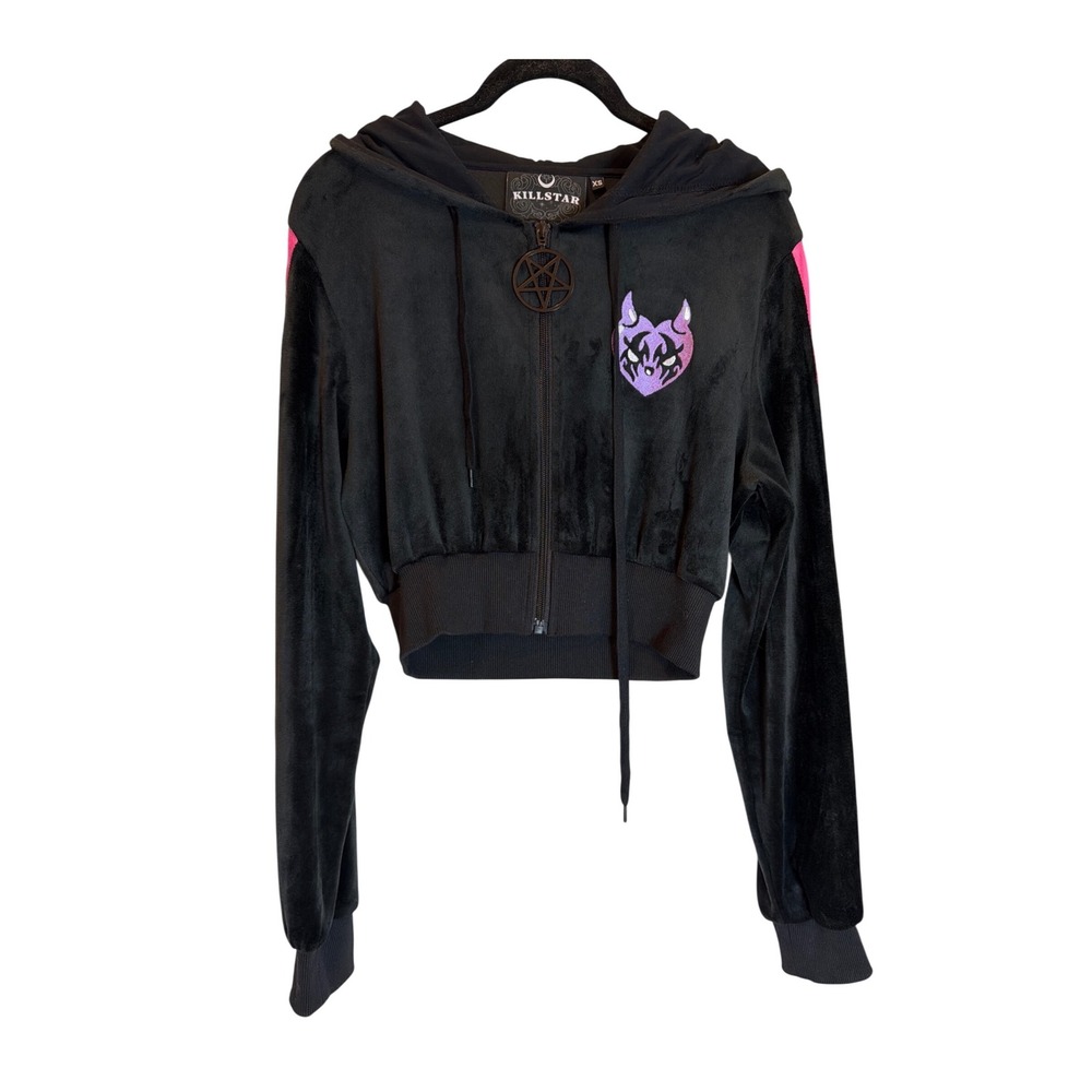 Killstar Velvet Cropped Hoodie Black Neon Rainbow Stripe Pentagram Zip XS Goth